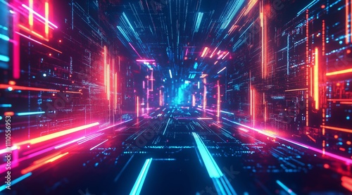 Abstract tech background in the form of colorful waves, consisting of a large number of digital connection lines. Bright neon and vibrating networks and neural connections