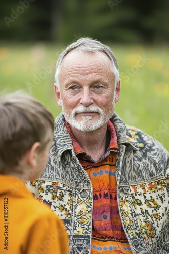 Folktales wise elder sharing wisdom with curious children, lush meadow backdrop, nature's beauty, timeless lessons