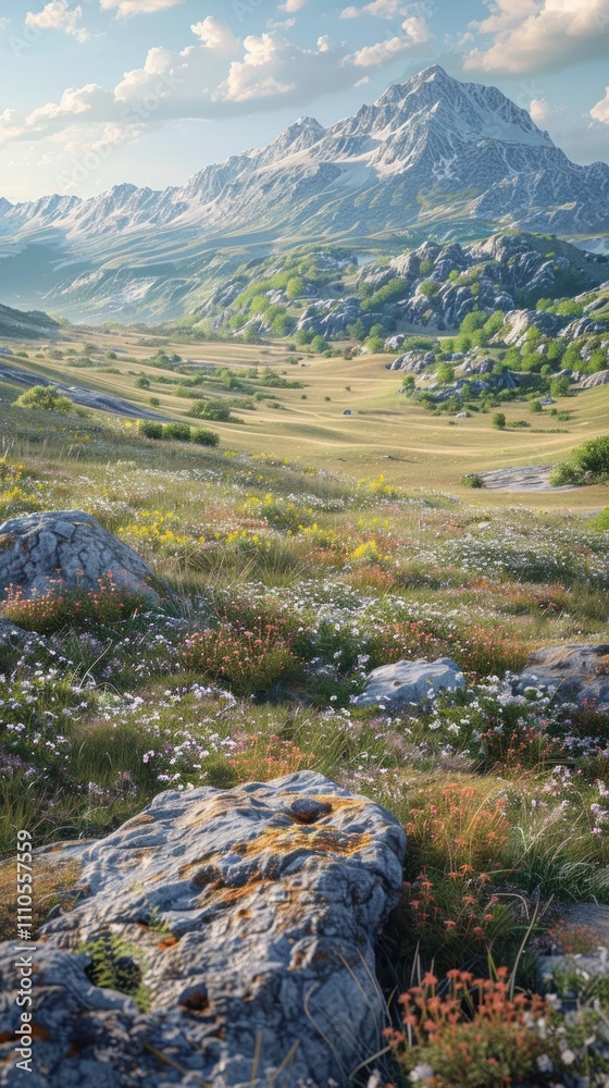 Naklejka premium Breathtaking alpine landscape with majestic snow capped peaks lush green meadows blanketed in vibrant wildflowers and a serene panoramic scenic vista over the rugged wilderness terrain