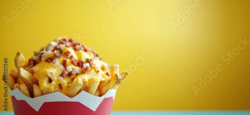 Cheesy bacon fries topped with crispy bacon bits, golden fries, vibrant yellow background, copy space for text photo