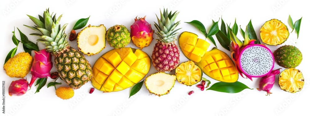 A selection of tropical fruits: mango, pineapple, and dragon fruit A selection of tropical fruits: mango, pineapple, and dragon fruit