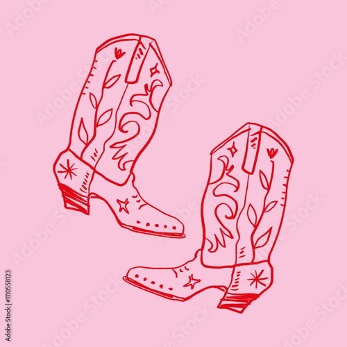 Bohemian groovy postmodern funky barbiecore cowgirl patterned boot, funky groovy hippie cowboy concept fashion shoes. Vector illustration clipart isolated glamour boot on background 