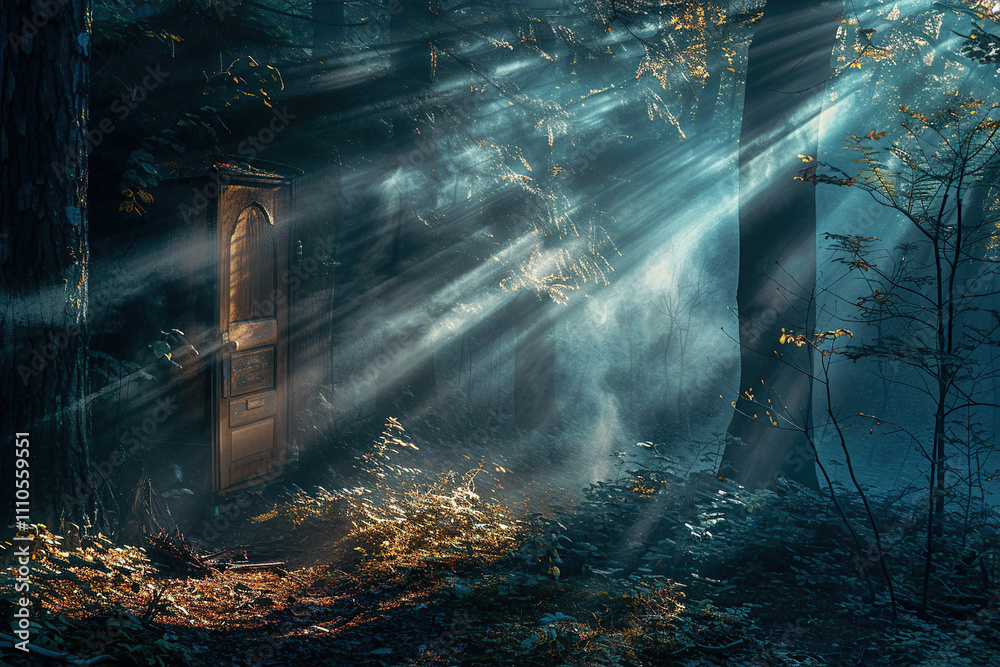 Fantastically door in wild forest leading to deep unknown Fantastically door in wild forest leading to deep unknown