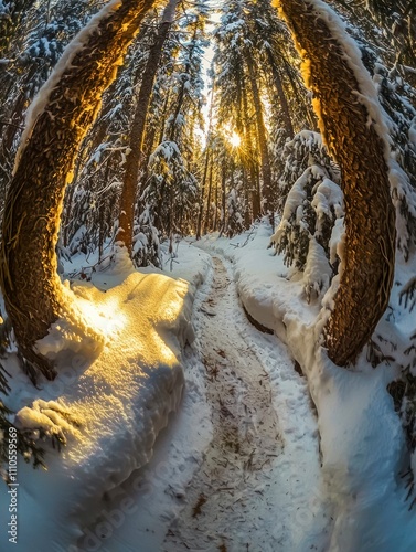 Enchanted Winter Pathway Through Snowy Forest with Sunlight Filtering Between Tall Trees in a Serene Landscape photo