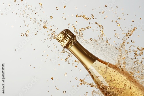 Golden champagne bottle with a dynamic splash, isolated on a white background. Perfect for festive celebrations, luxury themes, and party concepts. 