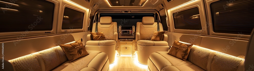 Elegant van interior with modern finishes and plush seating. Soft lighting and spacious design for a comfortable and stylish travel experience.