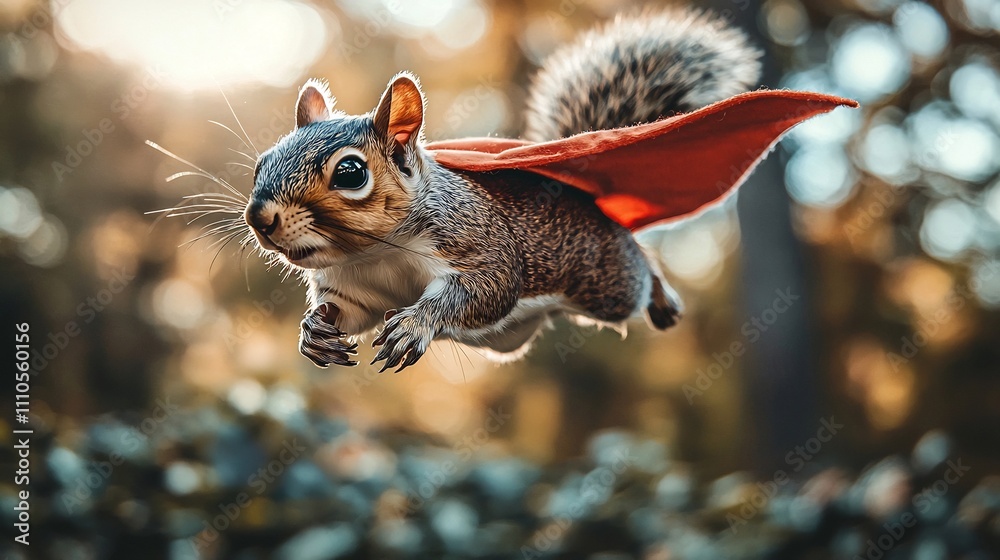 Squirrel in Superhero Costume Leaping Between Trees with Tiny Cape Squirrel in Superhero Costume Leaping Between Trees with Tiny Cape