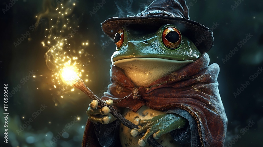 Obraz premium Frog Wizard Casting Magical Spells with Glowing Staff in Enchanted Forest