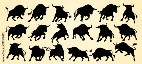 Dynamic silhouettes of bulls in various powerful and aggressive stances, showcasing strength.