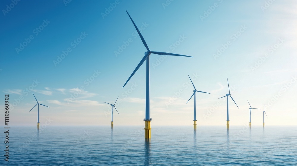 Offshore wind farm installation at sea clear blue sky calm waters