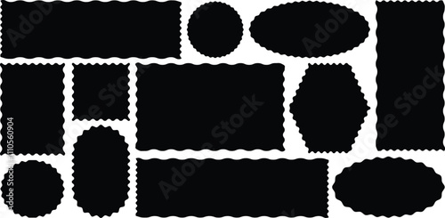 Set of rectangle frames with zigzag edge. Flat frames in shape of squares, circle, rectangles of various sizes with zigzag edges. Rectangle shape frame with zigzag edge for labels, banners, stamps.