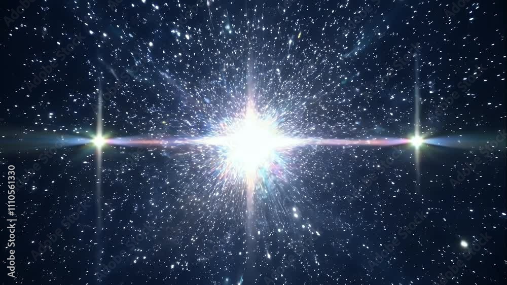 Bright volumetric star cluster with radiant light beams and small particles floating in deep space Bright volumetric star cluster with radiant light beams and small particles floating in deep space