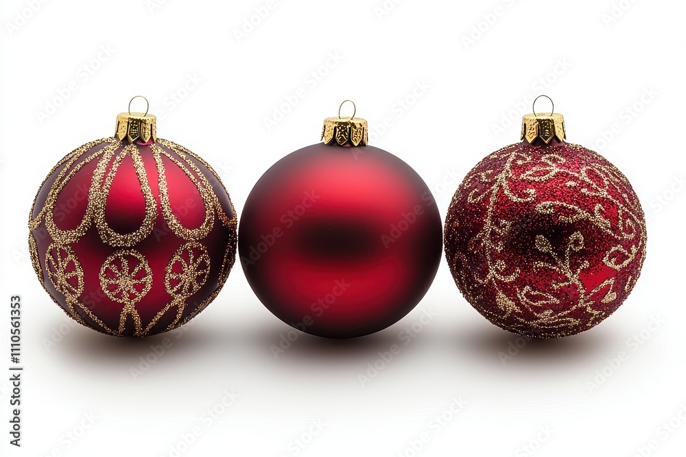 Cheerful Red and Gold Christmas Ornaments Display Isolated on White Background