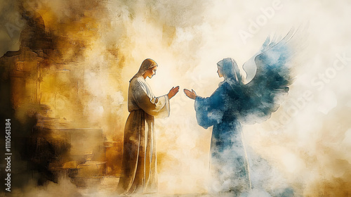 Annunciation. Angel Gabriel announcing to Mary that she will conceive and give birth to Jesus. Watercolor digital painting.