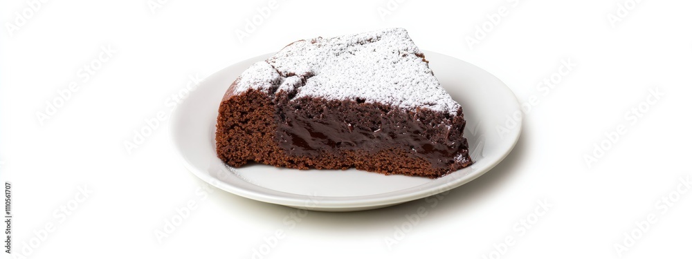 A slice of decadent chocolate lava cake with powdered sugar, isolated white background, minimalist art style A slice of decadent chocolate lava cake with powdered sugar, isolated white background, minimalist art style