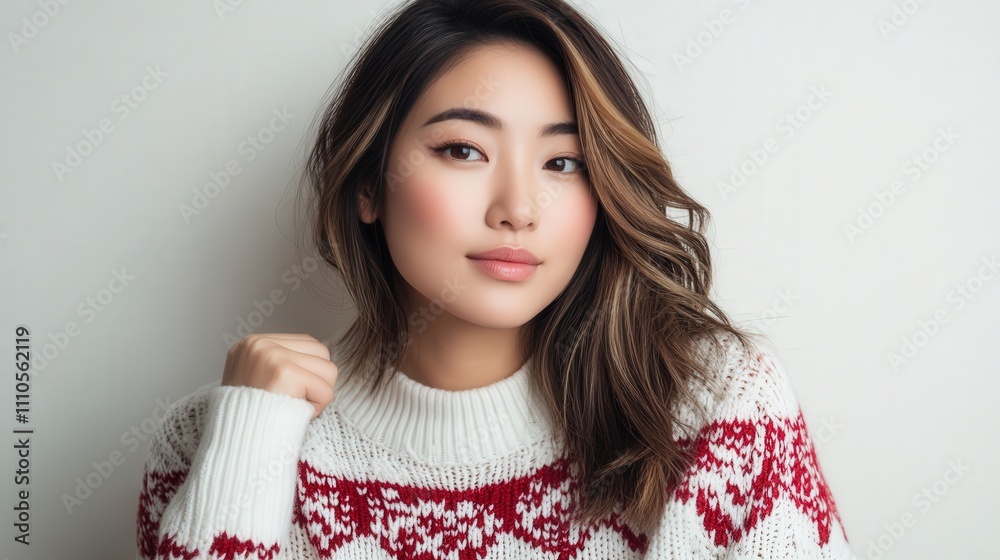 A beautiful Asian woman wearing a white Christmas sweater with red accents, with her hair styled neatly, exuding warmth and charm during the holiday season. A beautiful Asian woman wearing a white Christmas sweater with red accents, with her hair styled neatly, exuding warmth and charm during the holiday season.
