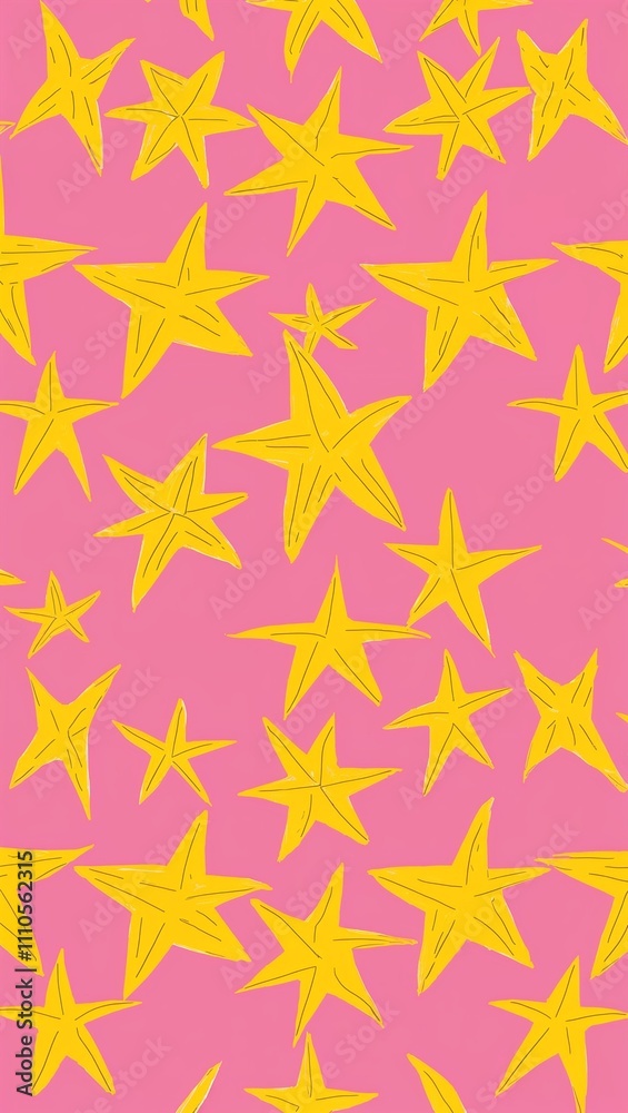 Yellow Star pattern hand drawn design on Pink background illustration Yellow Star pattern hand drawn design on Pink background illustration