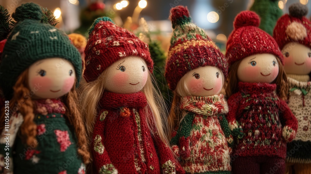A beautiful Christmas market stall filled with handcrafted dolls, each dressed in festive red and green outfits A beautiful Christmas market stall filled with handcrafted dolls, each dressed in festive red and green outfits
