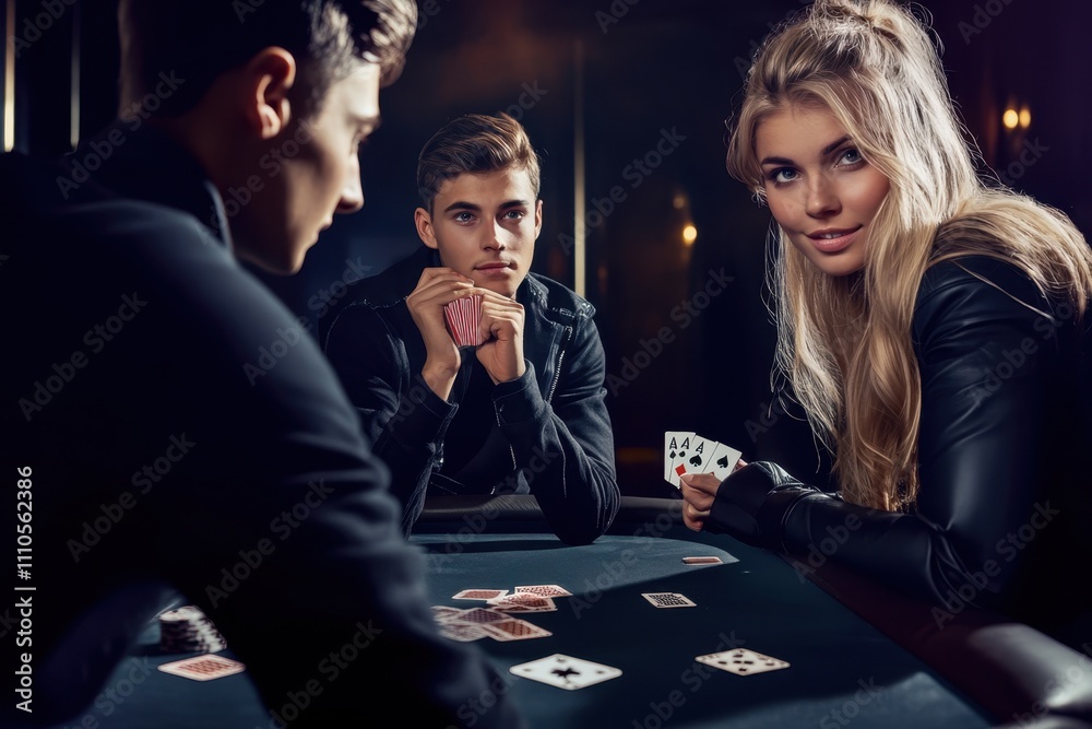 Group of young adults playing cards in an illuminated casino environment at night Group of young adults playing cards in an illuminated casino environment at night
