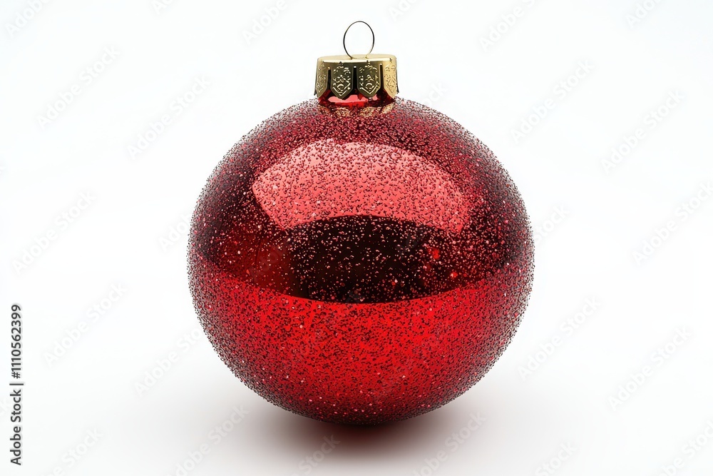 Shimmering Red Christmas Ornament with Glittery Surface Isolated on White Background