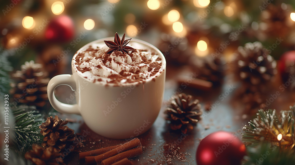 Festive Hot Chocolate with Whipped Cream and Star Anise - A warm cup of creamy hot chocolate topped with whipped cream, dusted with cocoa powder, and garnished with a star anise. Festive Hot Chocolate with Whipped Cream and Star Anise - A warm cup of creamy hot chocolate topped with whipped cream, dusted with cocoa powder, and garnished with a star anise.