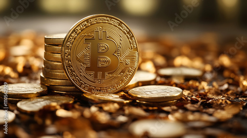 Golden bitcoin cryptocurrency money, stock market 