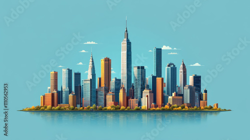 Laissez-Faire Capitalism. A colorful illustration of a modern city skyline against a clear blue background, showcasing various skyscrapers and buildings.