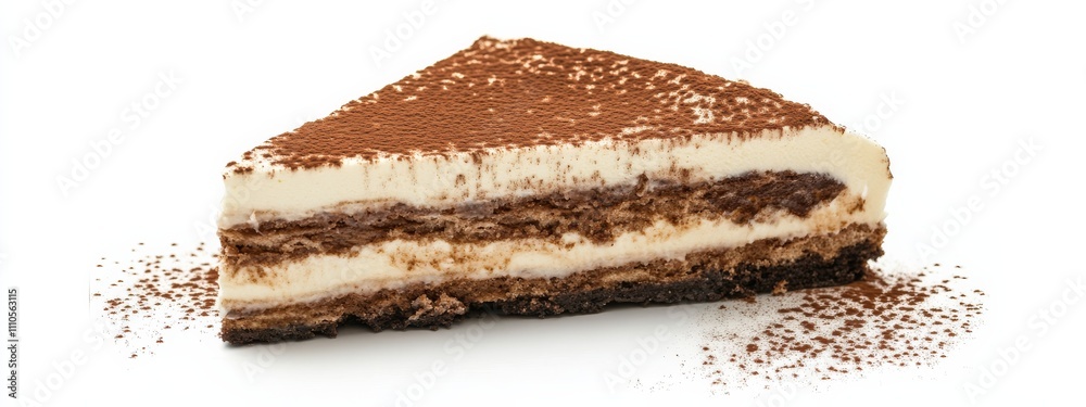 A slice of decadent tiramisu with cocoa dusting, isolated white background, realism art style A slice of decadent tiramisu with cocoa dusting, isolated white background, realism art style