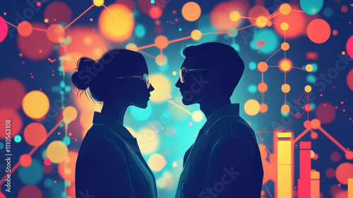 Laissez-Faire Capitalism. Silhouettes of two individuals with glasses against a vibrant, colorful background representing data, technology, and innovation.