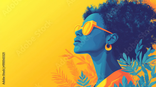 Laissez-Faire Capitalism. A vibrant portrait of a person with curly hair wearing sunglasses, surrounded by leaves, set against a bold yellow background.