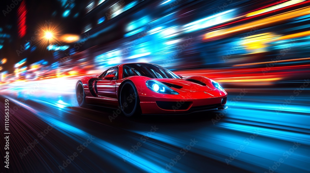 A red sports car speeds through a city at night. A red sports car speeds through a city at night.