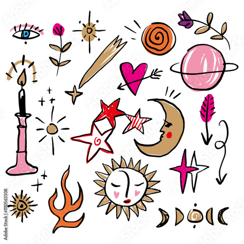 Space Space doodle astrology postmodern groovy freaky bundle of stylish cool funny doodles stellar characters. Moons, suns and planets. Comic cartoon astronomy concept. Hand-drawn set antique details