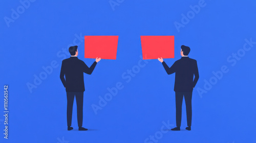 Laissez-Faire Capitalism. Two businessmen face each other, holding red signs against a blue background, symbolizing communication and collaboration.