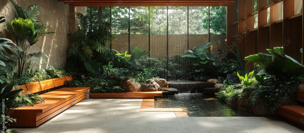 Indoor garden with a small waterfall and wooden benches. Indoor garden with a small waterfall and wooden benches.