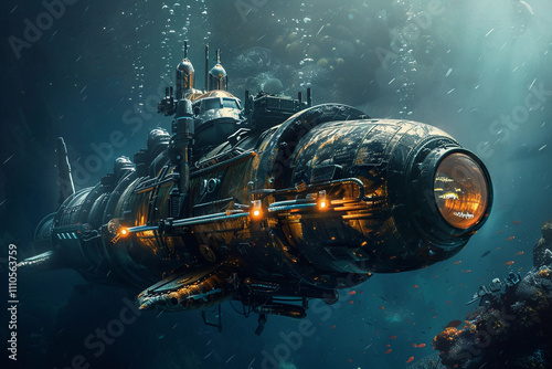 Beautiful large bathyscaphe floating in middle of ocean during exploration photo