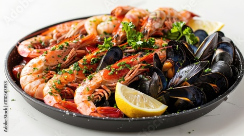 A taste of the ocean, featuring a fresh seafood platter, loaded with succulent shrimp, mussels, and lobster, served with a squeeze of lemon, beautifully presented on a pristine white background 