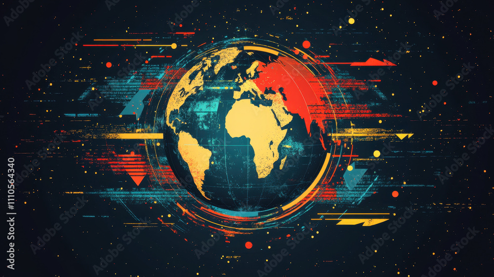 Naklejka premium Laissez-Faire Capitalism. A vibrant, digital representation of the Earth, surrounded by colorful abstract shapes and patterns, symbolizing global connectivity and technology.