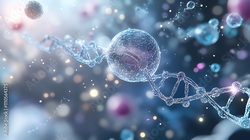 Futuristic 3D illustration of a DNA strand, depicting the complex beauty of genetics, surrounded by glowing particles. Ideal for biotechnology and medical research concepts.