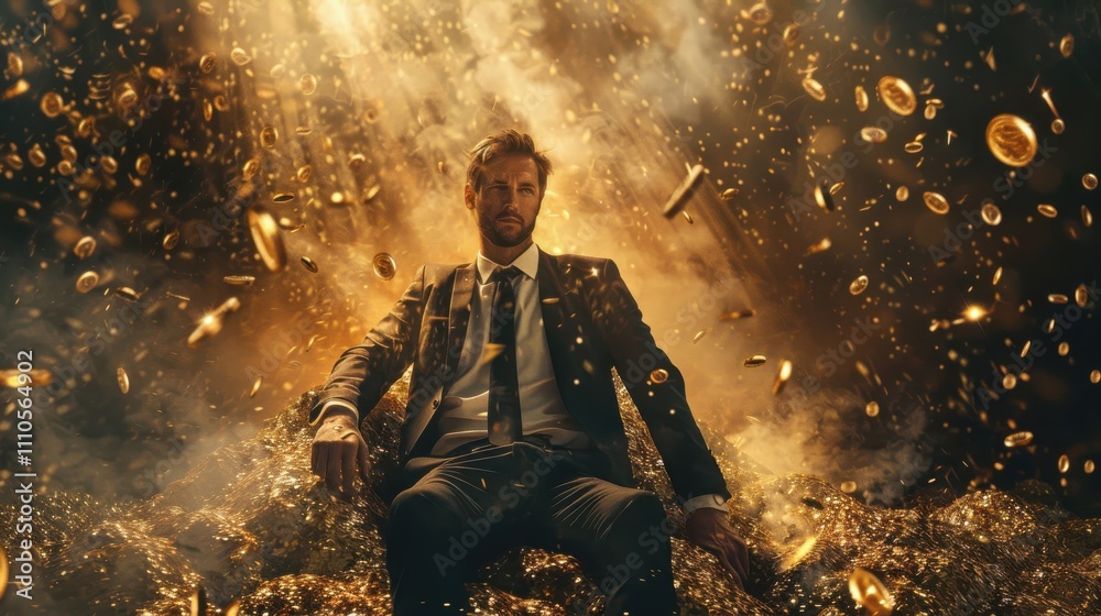 Fototapeta premium The Apex of Achievement: A Man at the Pinnacle of His Career. businessman sitting on a pile of gold coins.