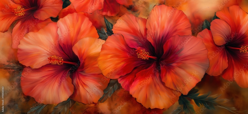 custom made wallpaper toronto digitalVibrant hibiscus flowers in orange and red hues, showcasing intricate petals and lush green leaves, creating a tropical ambiance., copy space for text
