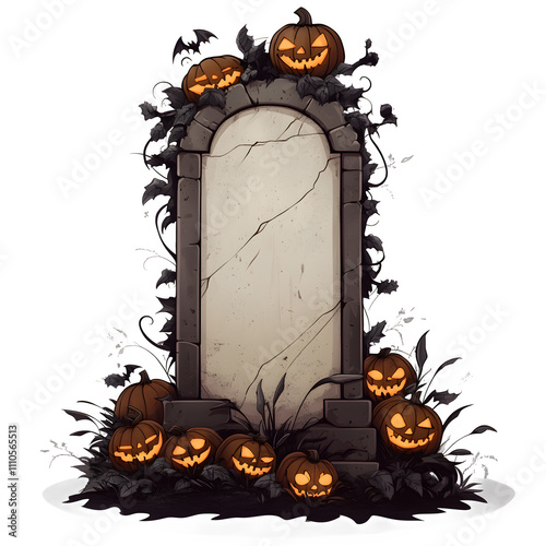 Spooky halloween tombstone decorated with glowing pumpkins, bats and vines, perfect for adding a touch of horror to designs photo