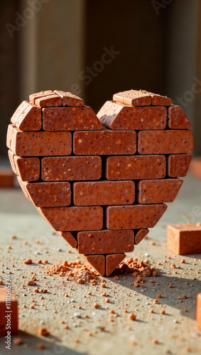 Heart-Shaped Red Bricks Arrangement for Valentine’s Day Celebration on Construction Site. Romantic Building Materials Display for Love and Architecture Themes