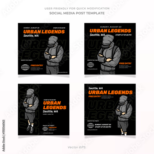 Premium Collection set Social Media Post Template for Music Event Streetwear Urban Legend with hand drawn character vibrant orange gray on black background vector 