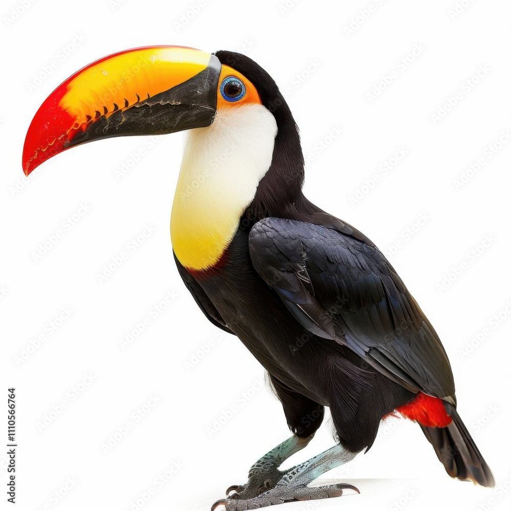 Naklejka premium A delightful toucan stands out against a gentle light backdrop, showcasing its bold beak and stunning feather patterns.