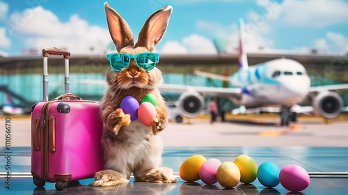 Easter bunny wearing sunglasses with suitcase next to an airplane, easter bunny traveling with suitcase. Easter holidays