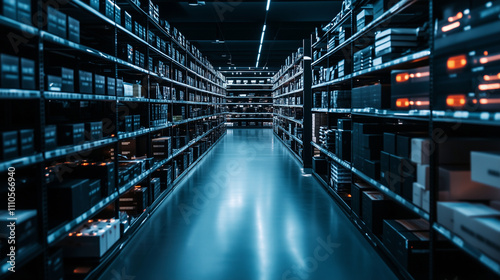 Rows of organized shelving units filled with labeled boxes in a modern warehouse, with inventory control systems displayed on digital screens