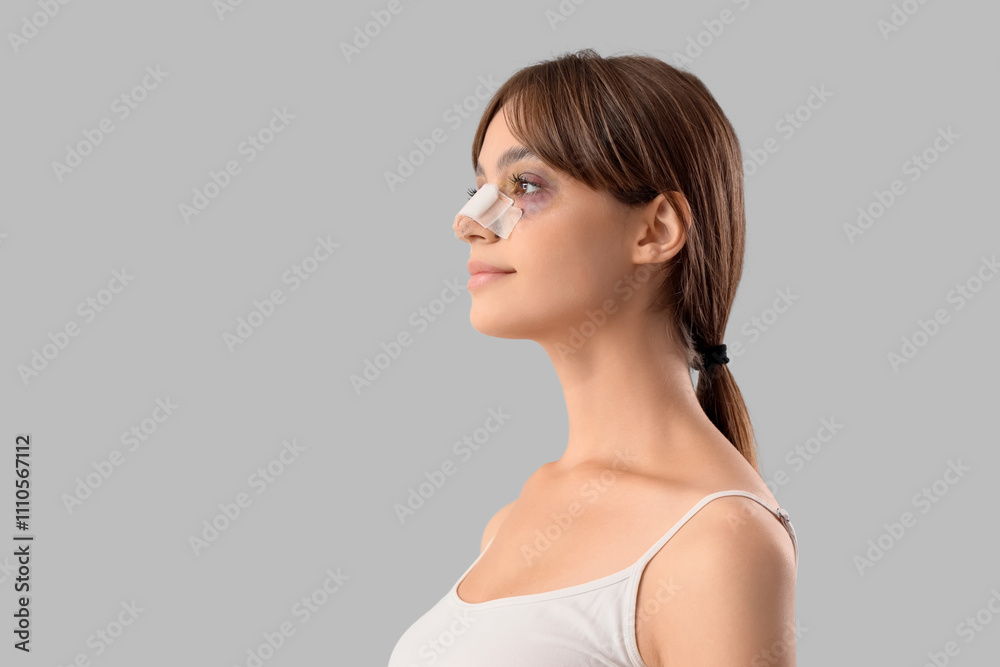 Beautiful young happy woman with bandaged nose on grey background. Plastic surgery concept Beautiful young happy woman with bandaged nose on grey background. Plastic surgery concept