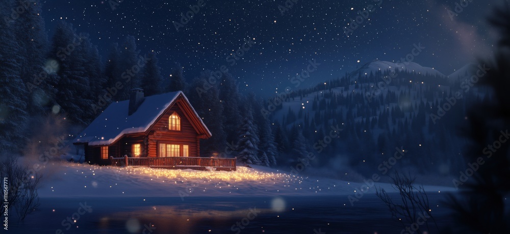 Fototapeta premium Cozy winter cabin in snowy landscape, warm light glowing from windows, surrounded by snow-covered trees and mountains, starry night sky, copy space for text