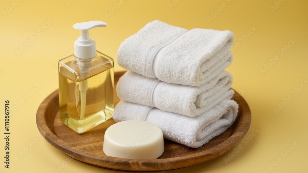 Cosmetic product such as liquid soap and white round soap bars, towel stack on wooden plate. Studio picture with light yellow background Cosmetic product such as liquid soap and white round soap bars, towel stack on wooden plate. Studio picture with light yellow background