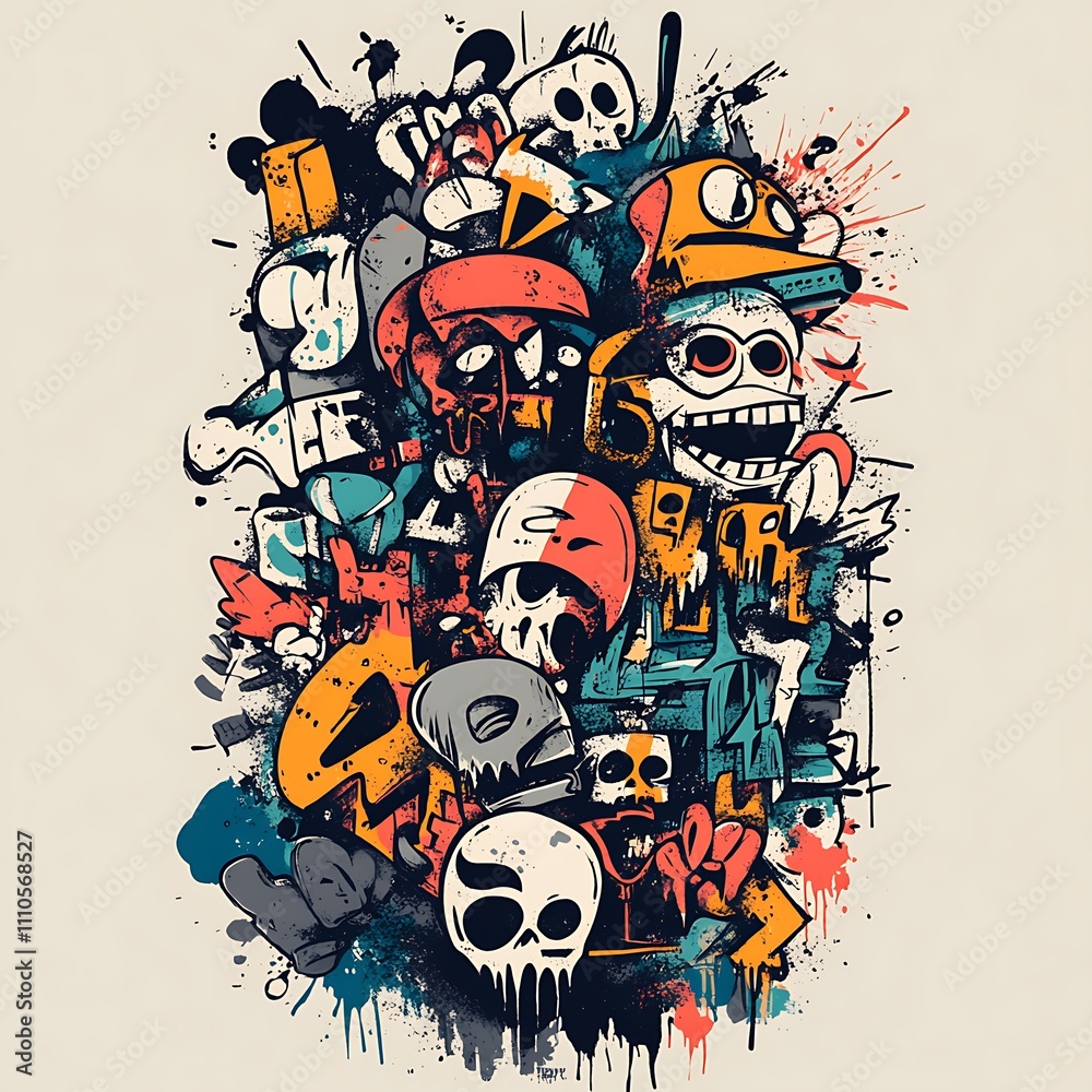 Obraz premium Colorful Graphic Design of Skulls and Abstract Elements